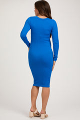 Blue Ribbed Maternity Seamless Fitted Dress