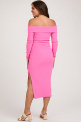 Pink Ribbed Off Shoulder Side Slit Maternity Midi Dress