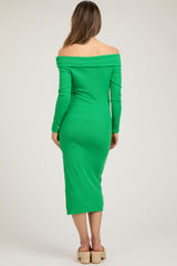 Green Ribbed Off Shoulder Side Slit Maternity Midi Dress