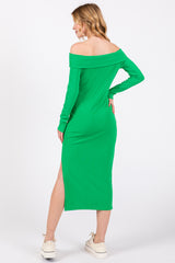 Green Ribbed Off Shoulder Side Slit Midi Dress