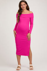 Fuchsia Ribbed Off Shoulder Side Slit Maternity Midi Dress