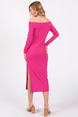 Fuchsia Ribbed Off Shoulder Side Slit Midi Dress