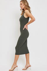 Olive Rib Knit Sleeveless Midi Dress