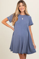 Blue Solid T-shirt Maternity Mini Dress