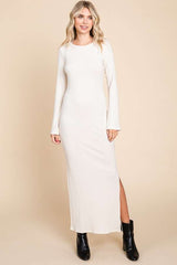 Cream Ribbed Side Slit Maternity Maxi Dress