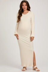 Cream Ribbed Side Slit Maternity Maxi Dress