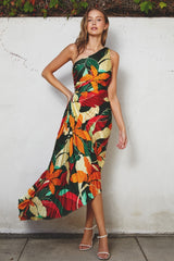 Multi-Color Floral Pleated Satin One Shoulder Asymmetrical Midi Dress