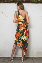 Multi-Color Floral Pleated Satin One Shoulder Asymmetrical Midi Dress