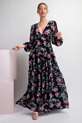 Navy Blue Floral Chiffon Ruffle Tiered Maternity Maxi Dress