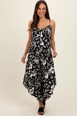 Black Tropical Floral V-Neck Back Cutout Round Hem Maternity Jumpsuit