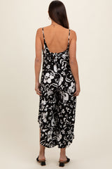 Black Tropical Floral V-Neck Back Cutout Round Hem Maternity Jumpsuit