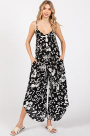 Black Tropical Floral V-Neck Back Cutout Round Hem Jumpsuit