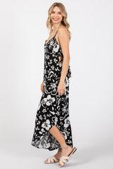 Black Tropical Floral V-Neck Back Cutout Round Hem Jumpsuit