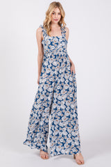 Blue Floral Sleeveless Tie Back Maternity Jumpsuit