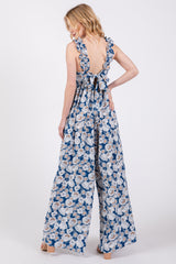 Blue Floral Sleeveless Tie Back Jumpsuit