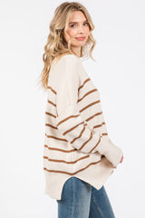 Beige Striped Drop Shoulder Sweater