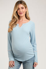 Blue V-Neck Maternity Long Sleeve Shirt