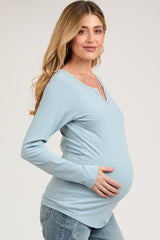 Blue V-Neck Maternity Long Sleeve Shirt