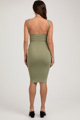 Light Olive Ribbed Square Neck Low Back Sleeveless Maternity Midi Dress