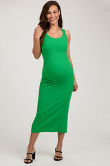 Green Ribbed Basic Maternity Maxi Dress