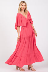 Coral Flounce Sleeve Tiered Dress