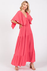 Coral Flounce Sleeve Tiered Dress