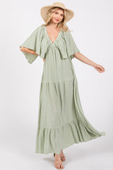 Light Olive Flounce Sleeve Tiered Maternity Dress