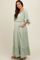 Light Olive Flounce Sleeve Tiered Maternity Dress