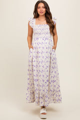 Lavender Floral Print Smocked Ruffle Sleeve Maternity Maxi Dress