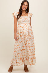 Rust Floral Print Smocked Ruffle Sleeve Maternity Maxi Dress