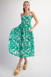 Green Abstract Floral Smocked Midi Dress