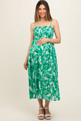 Green Abstract Floral Smocked Maternity Midi Dress