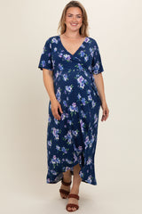 Navy Floral Short Sleeve Maternity Plus Warp Dress