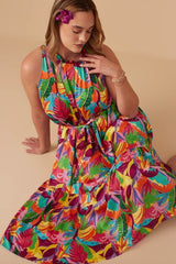 Multicolor Leaf Print Satin Tiered Plus Dress