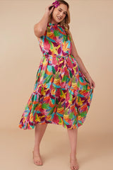 Multicolor Leaf Print Satin Tiered Maternity Plus Dress