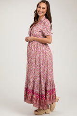 Pink Floral Button Up Maternity Midi Dress