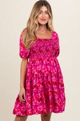 Fuchsia Floral Smocked Tiered Maternity Dress