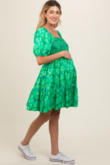 Green Floral Smocked Tiered Maternity Dress