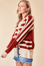 Cream Maroon Striped Sweater Cardigan