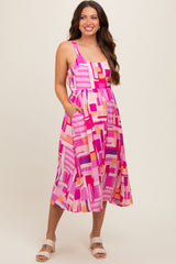 Fuchsia Geo Printed Cut Out Back Detail Maternity Midi Dress