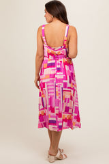 Fuchsia Geo Printed Cut Out Back Detail Maternity Midi Dress