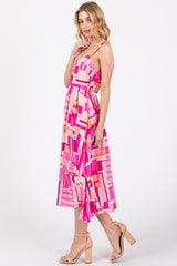 Fuchsia Geo Printed Cut Out Back Detail Midi Dress