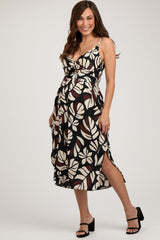 Black Palm Print Front Knot Twist Maternity Dress