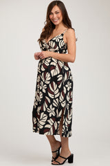 Black Palm Print Front Knot Twist Maternity Dress