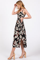 Black Palm Print Front Knot Twist Dress