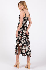 Black Palm Print Front Knot Twist Dress