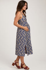 Blue Floral Front Twist Maternity Midi Dress