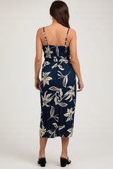 Navy Blue Floral Front Twist Maternity Midi Dress