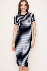 Navy Striped Knit Midi Dress