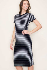 Navy Striped Knit Midi Dress